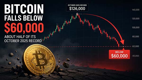 Bitcoin retombe sous 60 000 dollars, environ la moitié de son record d'octobre 2025
