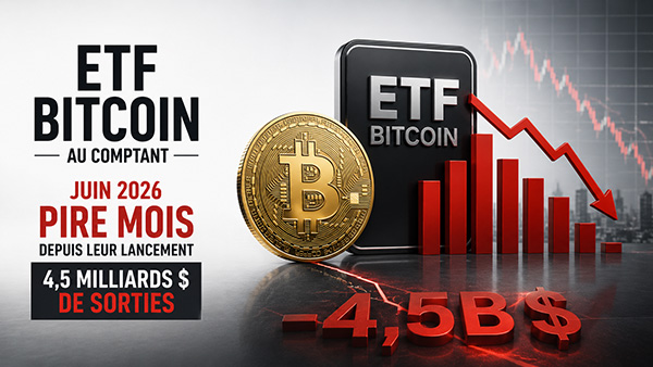 ETF Bitcoin au comptant : juin 2026, pire mois depuis leur lancement avec 4,5 milliards de dollars de sorties