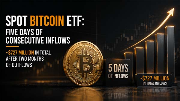 ETF Bitcoin au comptant : cinq jours d'entrées de suite, environ 727 millions de dollars, après deux mois de sorties