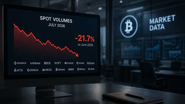Spot volumes: down 21.7 percent in July 2026, with all fourteen tracked exchanges falling