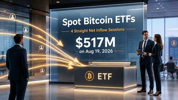Spot Bitcoin ETFs: four straight days of net inflows, 517 million dollars on 19 August 2026