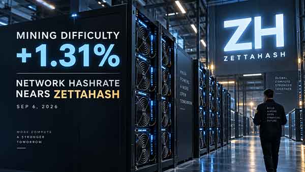 Minage : la difficulté remonte de 1,31 % le 6 septembre 2026 et la puissance de calcul du réseau approche le zettahash