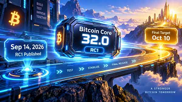 Bitcoin Core 32.0 : première version candidate publiée le 14 septembre 2026, sortie finale visée le 10 octobre