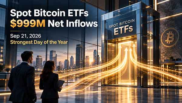 ETF Bitcoin au comptant : 999 millions de dollars d'entrées nettes le 21 septembre 2026, plus forte journée de l'année