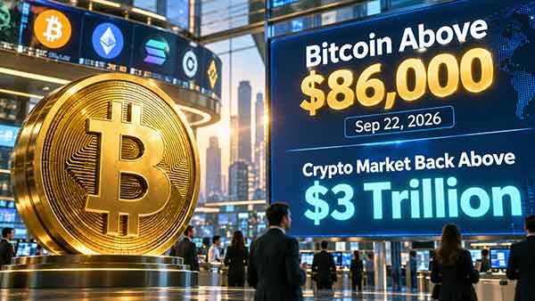 Le bitcoin dépasse 86 000 dollars le 22 septembre 2026, le marché des cryptomonnaies repasse au-dessus de 3 000 milliards