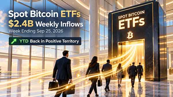 ETF Bitcoin au comptant : 2,4 milliards de dollars d'entrées sur la semaine au 25 septembre 2026, le bilan de l'année repasse dans le vert